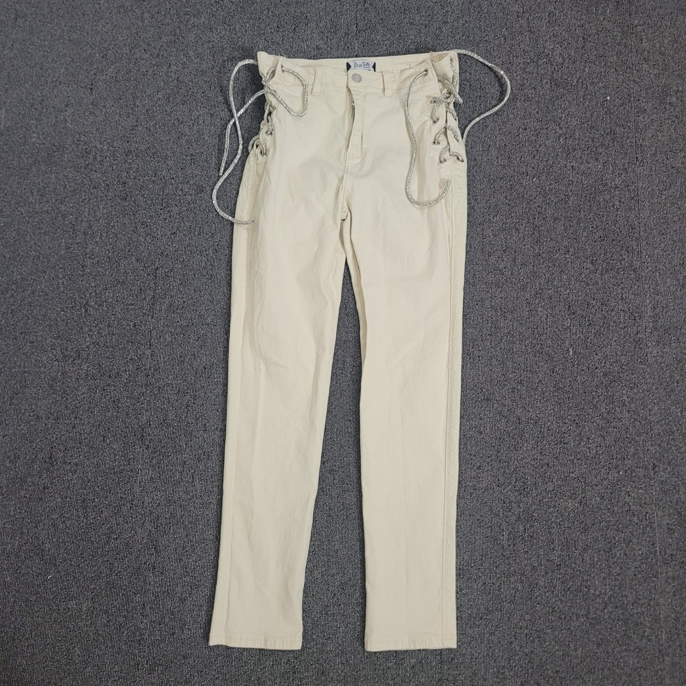 Blue Topic XL Lace Up Rhinestone Side Tie Jeans Womens Cream High Rise‎ Straight